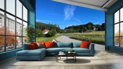 Scenic rural road with houses and a forest under a clear blue sky in the countryside Wall mural