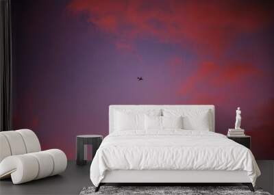 Scenic view of a plane flying in a purple sky during a beautiful sunset Wall mural