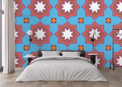 Seamless geometric star pattern in pink, white, and blue. Wall mural