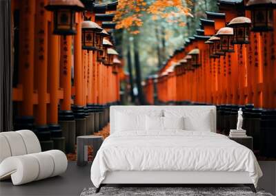 the walkway between two rows of lanterns with trees lining the walkway Wall mural