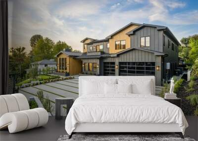 this is a picture of a nice modern style house with great landscaping Wall mural