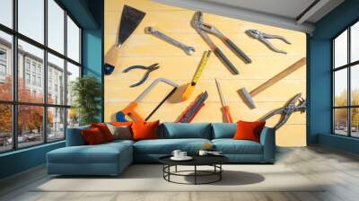 Top view of construction tools on a wooden table - industrial concept Wall mural