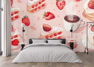 Vector of strawberry cake slices and tea pattern background Wall mural