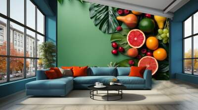 Vibrant assortment of fresh fruits and tropical leaves arranged on green background with fruits Wall mural