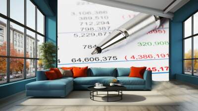 Financial Statement report focus on pen; document is mock-up Wall mural