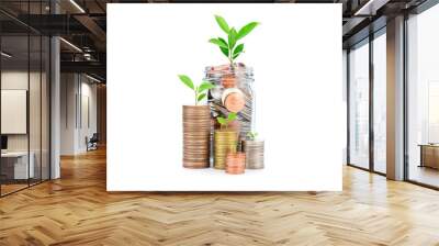 Coins and plants are planted on a pile of coins. Ideas for investment finance Banking business growth, savings and productivity on white background Wall mural