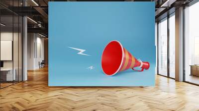 Realistic red megaphone or bullhorn speaker Isolated loudspeaker megaphone on blue background - 3D render. Wall mural