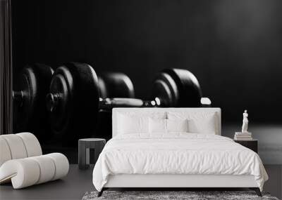 A close-up of a black dumbbell resting on a dark surface, emphasizing its sleek design and sturdy wheels. Ideal for fitness and exercise promotion. Wall mural