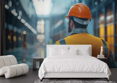 A construction worker in an orange helmet and safety vest observing a modern warehouse environment. Wall mural