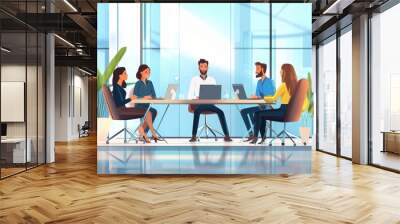 A diverse group of professionals engaged in a focused meeting in a modern office with large windows and plants. Wall mural