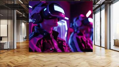 A gamer immersed in virtual reality, wearing a high-tech headset in a futuristic environment with neon lights. Wall mural