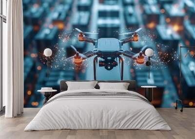 A high-tech drone flying above a modern urban environment, showcasing its advanced features and capabilities against a dynamic cityscape. Wall mural