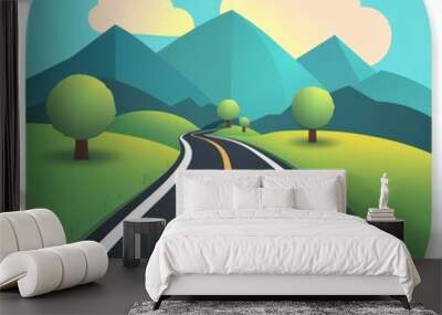 A scenic road winding through lush green hills under a bright sky, capturing the beauty of nature and the joy of exploring the outdoors. mobile application icons Wall mural