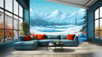 A serene winter landscape featuring majestic mountains covered in snow, surrounded by evergreen trees under a clear blue sky with soft snowfall. Wall mural