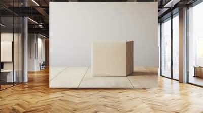 A simple geometric beige box on a wooden floor with a minimalistic background. Wall mural