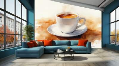 A steaming cup of coffee on a saucer, showcasing warmth and comfort in a minimalist style. Wall mural