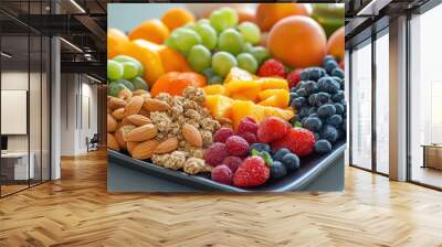 A vibrant assortment of fresh fruits and nuts, perfect for promoting healthy eating and nutrition. Wall mural