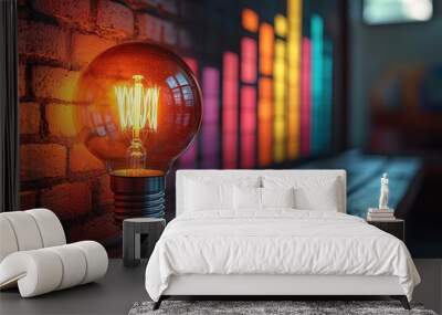 A vintage light bulb glowing on a wooden table, with a colorful sound wave graphic illuminated on a brick wall background. Wall mural