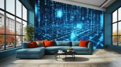 Abstract digital landscape with glowing blue binary code cascading, representing data, technology, and futuristic innovations. Wall mural