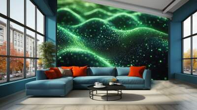 Abstract green waves with sparkling particles, creating a dynamic, high-tech visual effect against a dark background. Wall mural