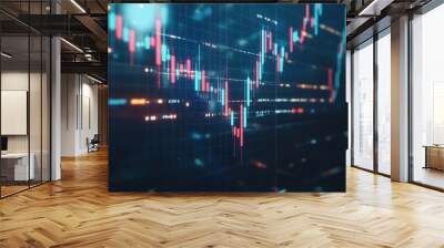 Abstract stock market graph with fluctuating lines and bright candlesticks in a digital interface, representing financial trends and data analysis. Wall mural