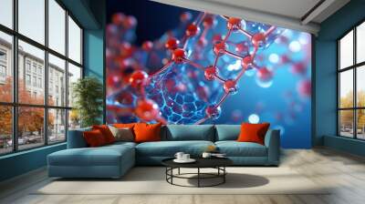 Close-up view of molecular structure featuring red atoms and intricate connections, set against a soft blue background, illustrating the beauty of science and chemistry. Wall mural