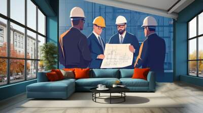 Construction professionals analyzing architectural plans on a job site, showcasing teamwork and project development. Wall mural