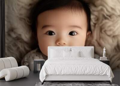 Cute baby with big eyes smiling while lying on a soft, fluffy blanket, depicting innocence and joy. Wall mural