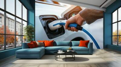 Electric vehicle charging close-up with a hand holding a cable, highlighting sustainable energy. Wall mural