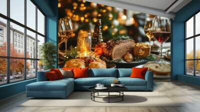 Festive holiday dinner table setting with delicious dishes and wine, decorated with Christmas lights and ornaments. Wall mural