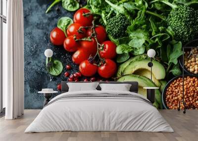 Fresh vegetables and legumes arranged on a dark surface, featuring tomatoes, spinach, broccoli, avocado, and beans for a healthy lifestyle. Wall mural