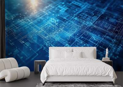 Futuristic abstract digital technology background with blue lines and glowing elements. Wall mural