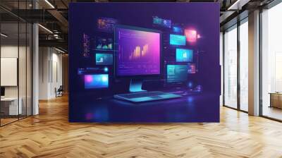 Futuristic computer setup with vibrant screens displaying data analytics and digital graphs in a dark environment. Wall mural