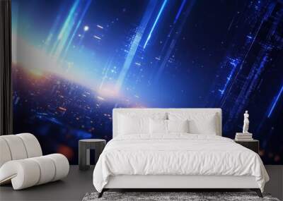 Futuristic digital landscape featuring glowing lines and abstract structures, creating a vibrant and immersive environment. Ideal for tech and sci-fi themed projects. Wall mural