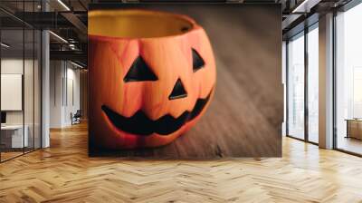 Happy Halloween pumpkin head jack lantern on wooden background, Celebration theme, copy space for text. Wall mural