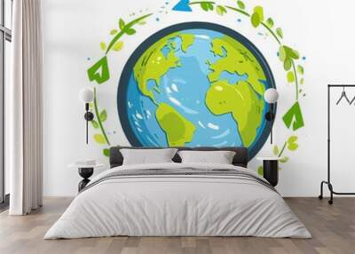 Illustration of a stylized globe surrounded by green leaves and arrows, representing sustainability and nature. Wall mural