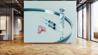 Medical supplies including syringes, a vial, and pills on a reflective surface. Essential for healthcare and treatment procedures. Wall mural