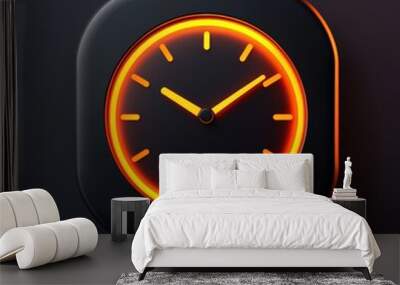 Modern black clock design with glowing orange elements on a dark background. 3d model mobile application icons Wall mural