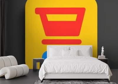 Shopping cart icon on a vibrant yellow background, representing online shopping and e-commerce concepts. Wall mural