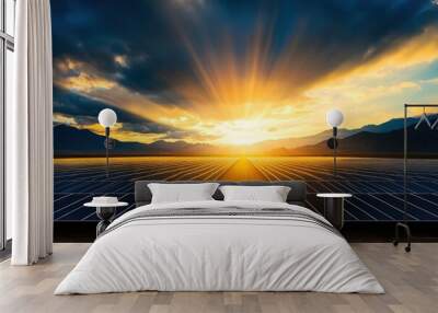 Stunning sunset over solar panels in a vast landscape, showcasing renewable energy and nature's beauty in harmony. Ideal for environmental awareness. Wall mural