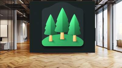 Stylized illustration of three green pine trees on a hill, ideal for nature-themed designs. mobile application icons Wall mural