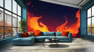 Vibrant flames rise against a dark starry sky, creating a dramatic contrast of colors and movement, evoking a sense of energy and transformation. Wall mural