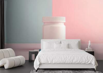 White pill bottle with colorful capsules on a pastel background. Wall mural