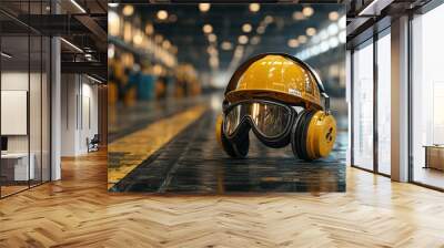 Yellow safety helmet and goggles positioned on the floor of an industrial facility. Wall mural