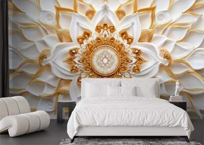 Intricate white and gold floral design on a white background. Wall mural