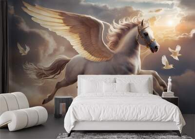 A majestic and powerful Pegasus, the winged horse of Greek mythology, soars through the stormy skies. Its striking white coat glistens in the distance, with each hoof kicking up a gust of wind. Wall mural