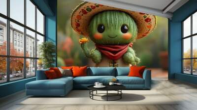 Cute Cactus in Sombrero and Traditional Mexican Outfit Wall mural