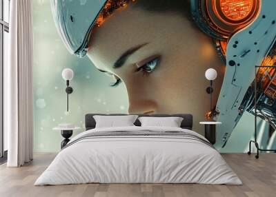 Futuristic Cyborg Woman with Mechanical Helmet and Glowing Lights Wall mural