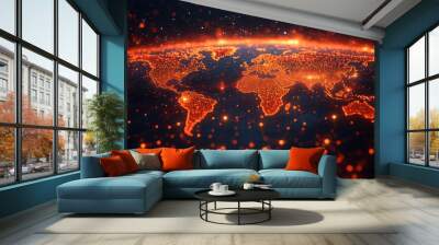 Global Network Connection  World Map with Orange Glowing Lights Wall mural