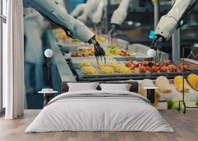 Robotic Arm Assembling Food on Conveyor Belt in Factory Wall mural